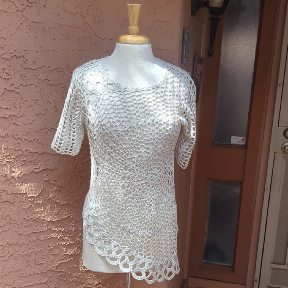 Chico's Cream Crochet Short-Sleeve Tunic Top - Picture 1 of 5